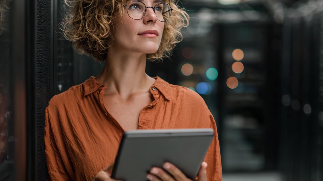En fokuseret kvinde i et datacenter, der bruger en tablet, omgivet af serverracks, analyserer information med beslutsomhed og klarhed i et højteknologisk miljø