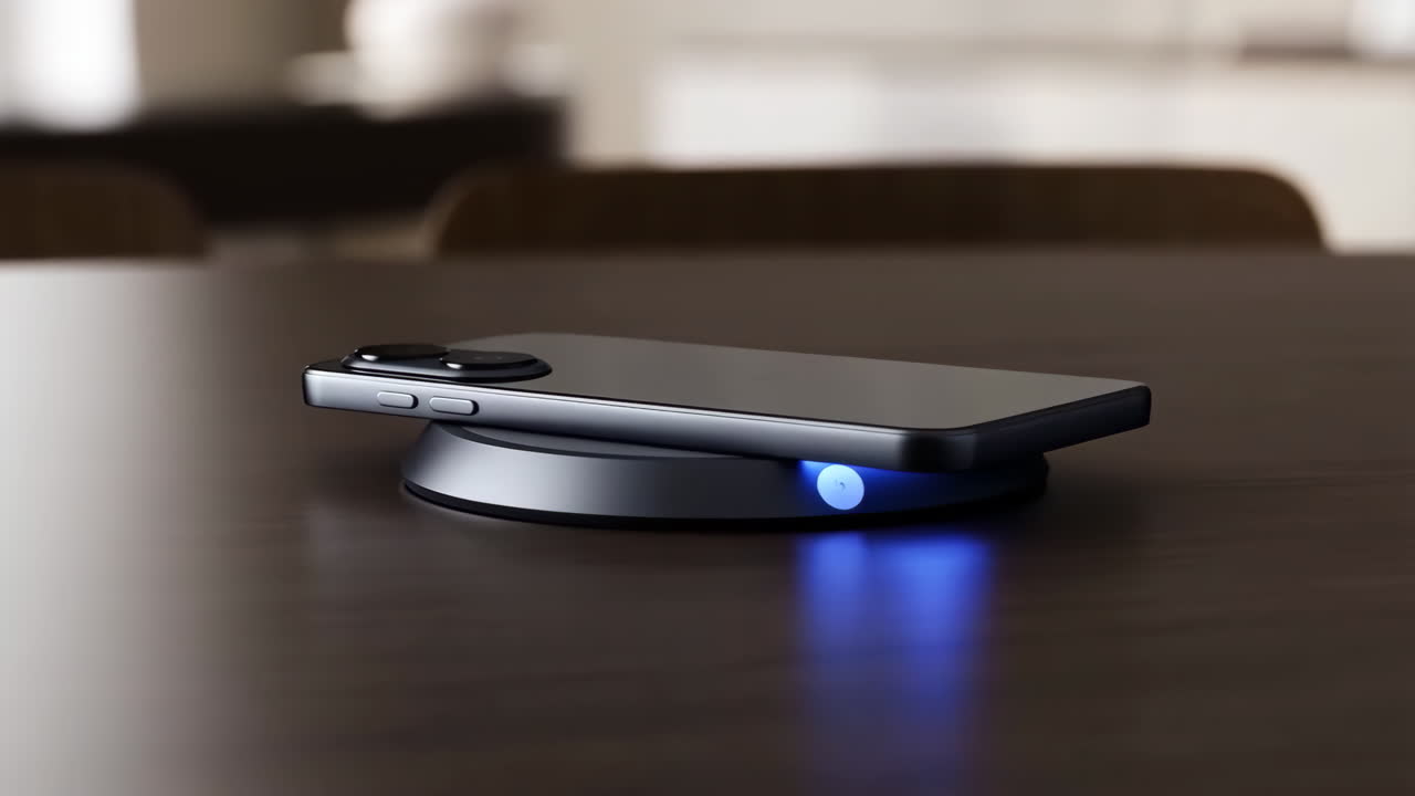 Smartphone wirelessly charging on a table