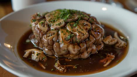 gourmet calf brain delicacy featuring sauteed mushrooms, fresh parsley garnish, dark sauce presentation on pristine white plate atop rustic wooden surface