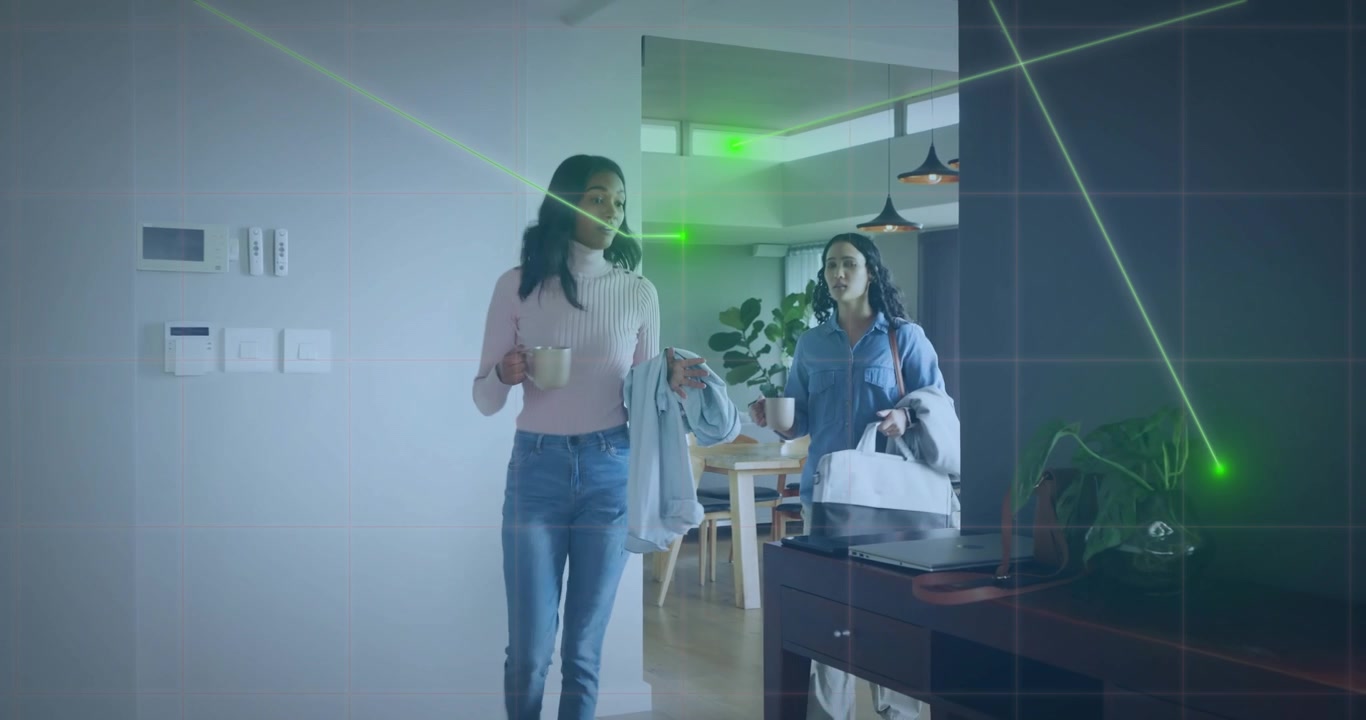Women entering entryway, placing mugs and adjusting purse while overlay previewing interior design