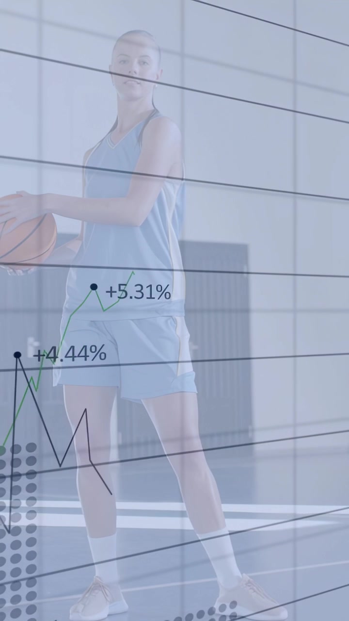 Video verticale: Giocatore che palleggia basso cambiando mano per una dimostrazione, mentre grafici sportivi e tag percentuali si intrecciano