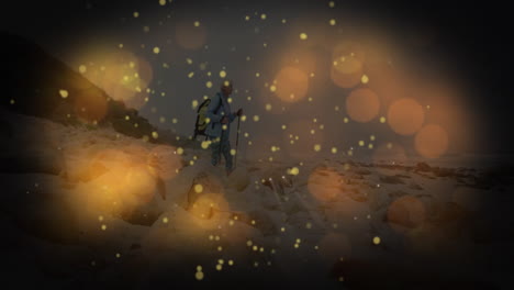 woman hiker walking rocky beach carrying backpack, overlaying golden bokeh for health