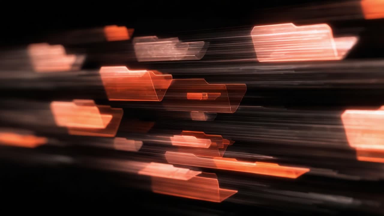 Dynamic Visuals of Abstract File Folders in Motion, Showcasing an Artistic Representation of Speed and Digital Organization with Vibrant Colors and Light Effects