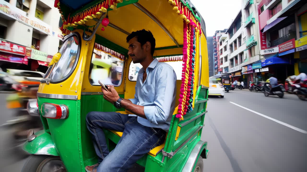 Man using a mobile phone while riding in an auto-rickshaw on a city street