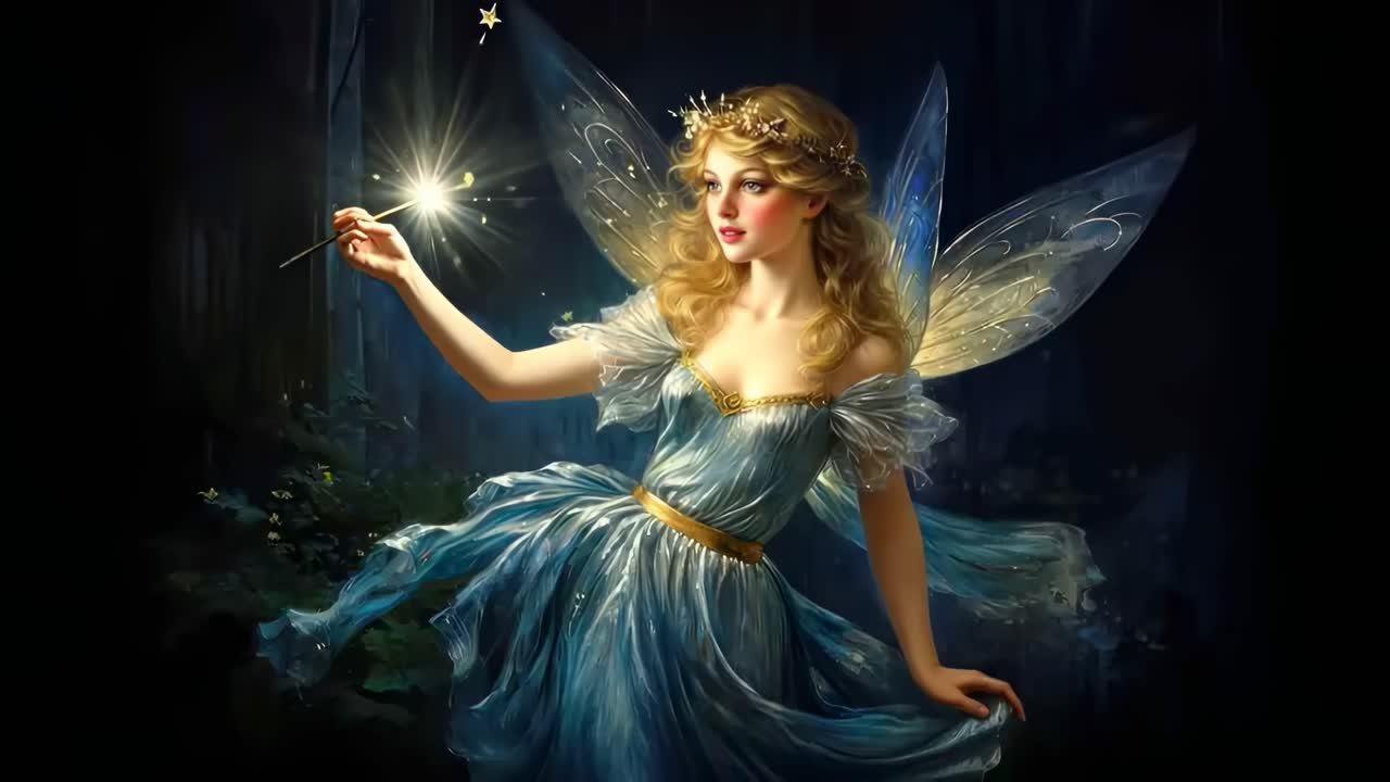 A whimsical fairy in a flowing blue dress holds a glowing wand. The video captures her from a side