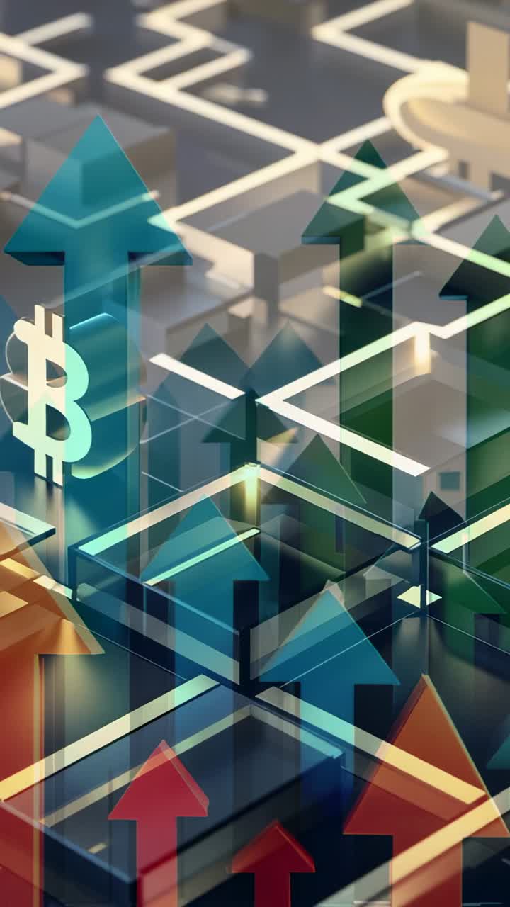 Vertical video: Materializing Bitcoin icon and arrows, arrows rising on data pathways, for growth
