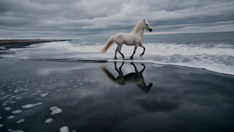 white horse trotting on a black sand beach