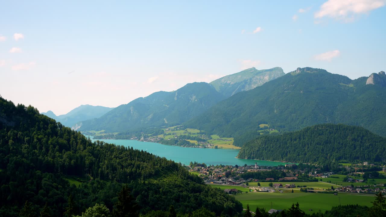 Summer Time lapse of Wolfgangsee Lake and Strobl Town in the Salzburg Alps