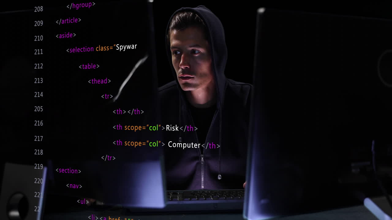 Animation of data processing over male computer hacker using computer
