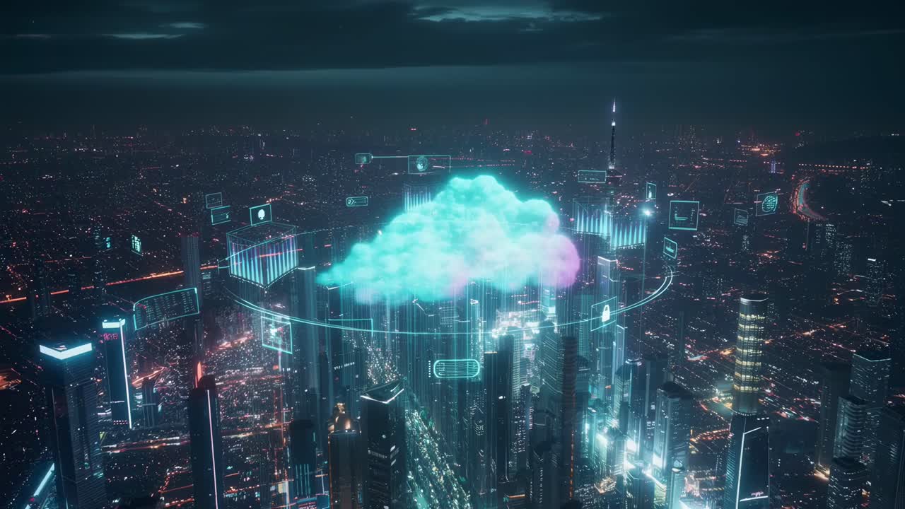 Futuristic cityscape video with a high-angle view, showcasing glowing digital cloud tech