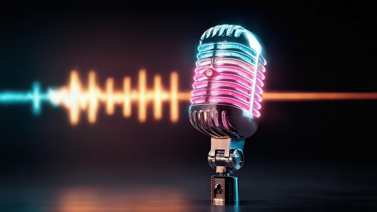 A Vibrant Retro Microphone with Colorful Sound Waves, Representing Music and Communication in a Modern Artistic Display of Technology and Creativity