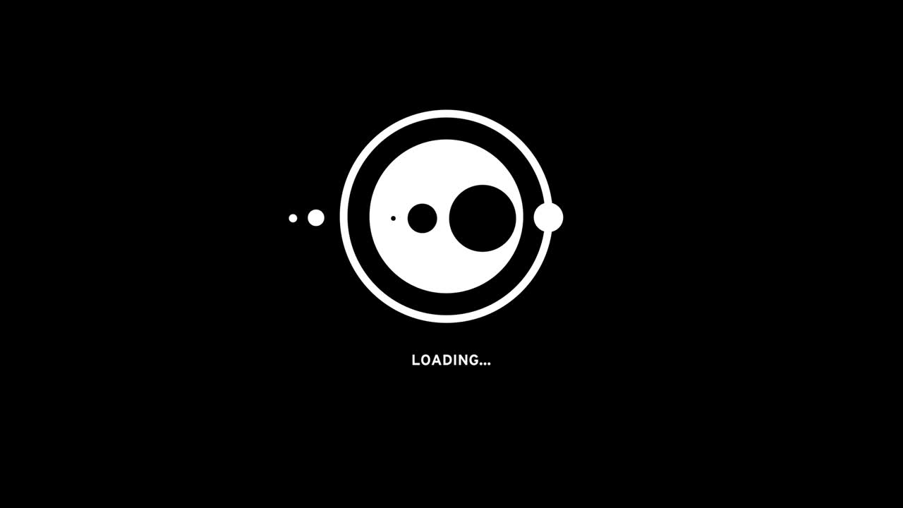 Loading icon animation on black background - endless loop - white circles and lines moving and rotating