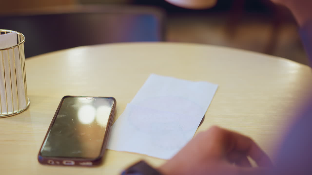 Hand resting near scratched smartphone on round wooden table beside tissue and metal napkin holder in softly lit caf interior with blurred chairs and reflections creating warm casual dining mood