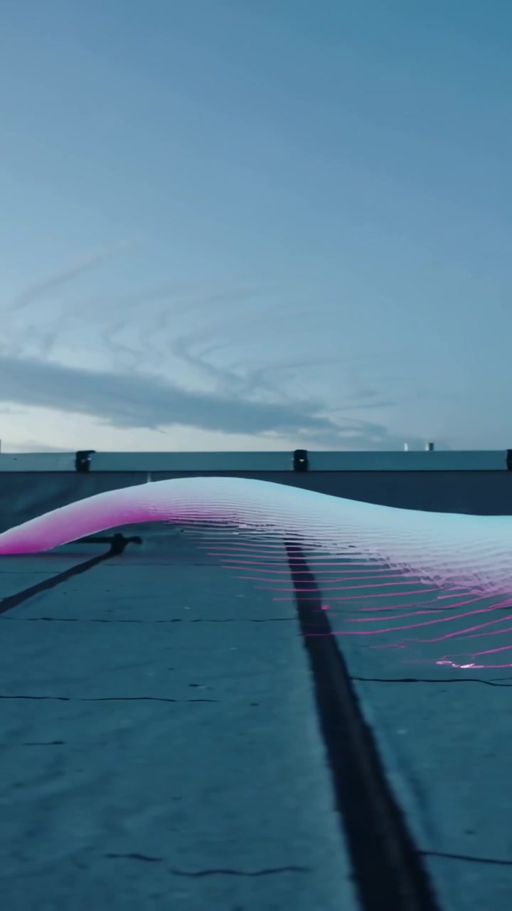 Vertikales Video: Von rechts kommendes Neonband fegt in der Dämmerung über ein Flachdach und umhüllt einen Lüftungsaufsatz
