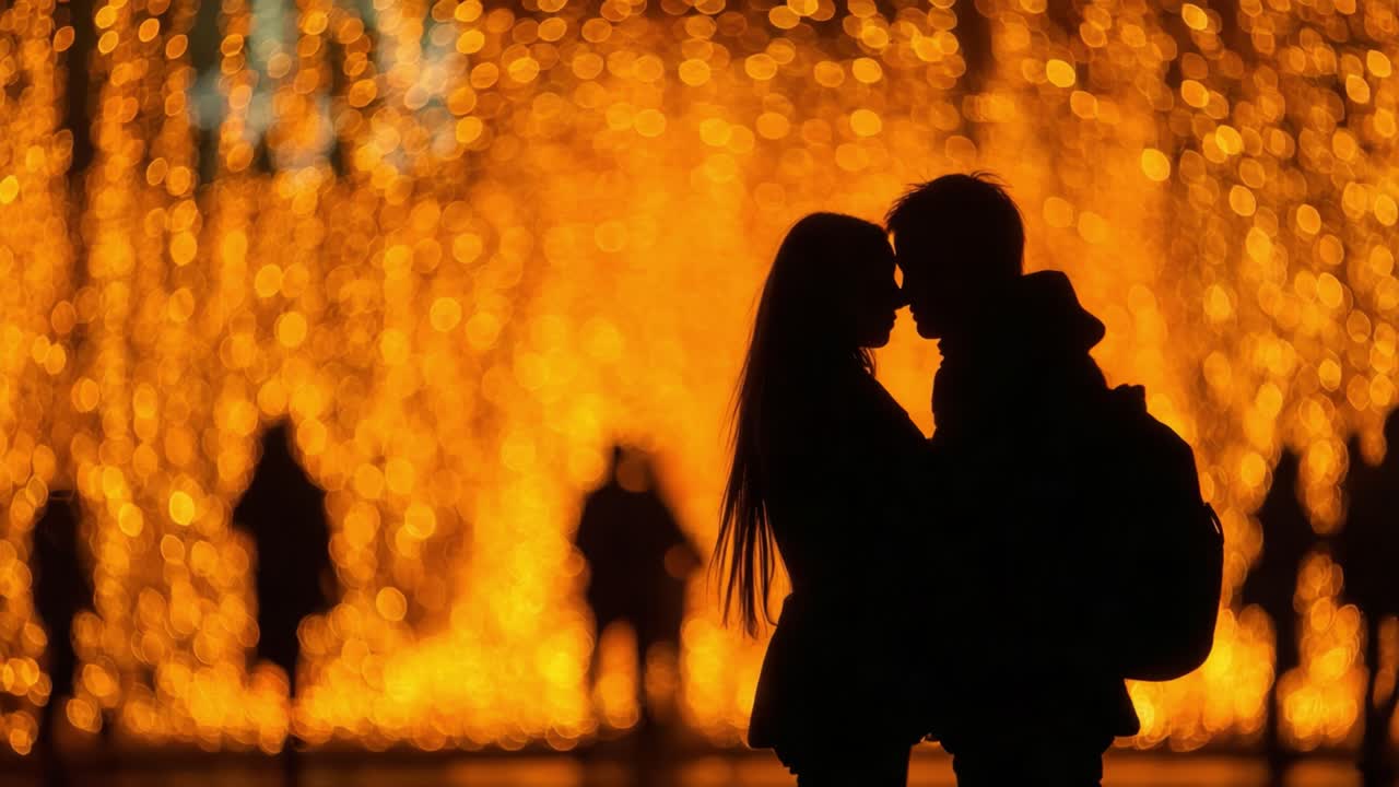 A Romantic Embrace Beneath a Dazzling Light Display: Capturing Love in Silhouette Against a Vibrant, Golden Backdrop of Illuminated Artistry