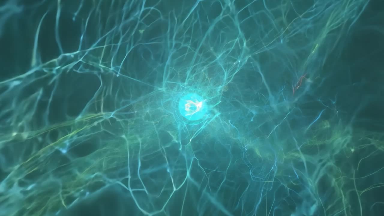 los núcleos de energía azul y verde alimentan una red de neuronas, ilustrando interacciones dinámicas dentro de las vías neuronales del cerebro.