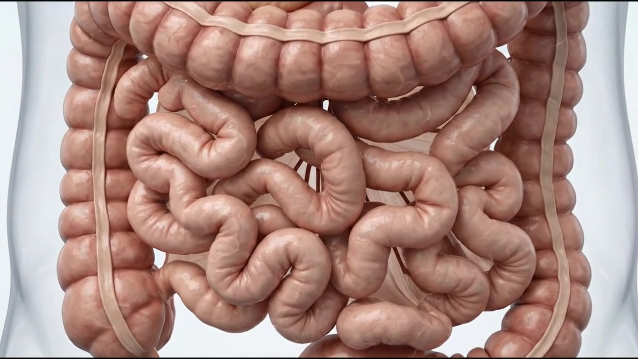 Realistic 3D human digestive system model showing stomach and intestines