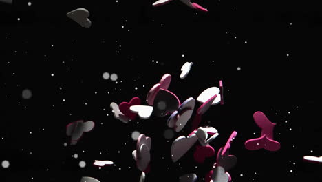 animation of red and white hearts falling on black background with white spots of light