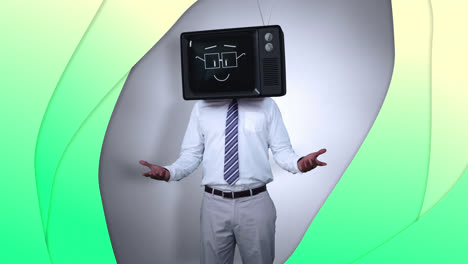 animation of caucasian man with tv instead of head over yellow and green background