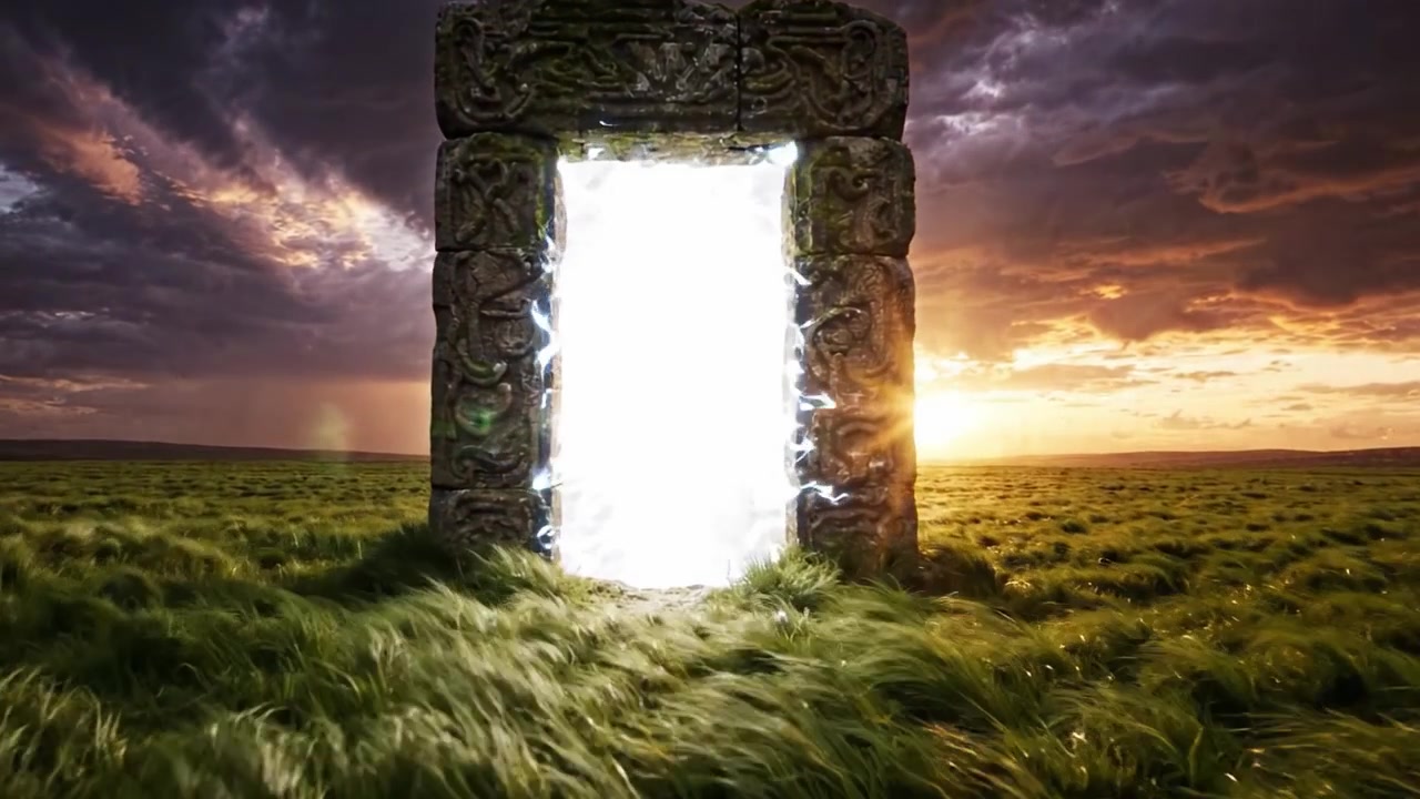 Ein mystisches Portal entsteht inmitten sanfter Felder und dramatischer Himmel, das die Landschaft bei Sonnenuntergang mit einem brillanten Glanz erhellt