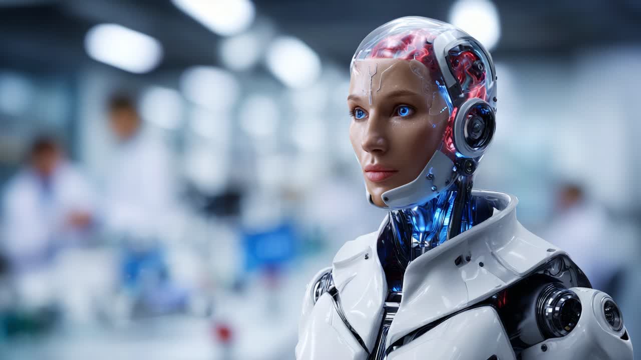 A futuristic humanoid robot showcasing advanced technology with realistic features and intricate components in a high-tech laboratory environment
