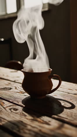 steaming mug on a rustic wooden table