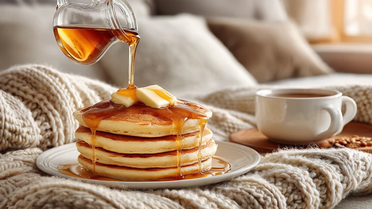 Indulge in the Perfect Stack of Fluffy Pancakes Drizzled with Sweet Maple Syrup, Topped with Butter, Perfect for a Cozy Morning or Brunch Gathering