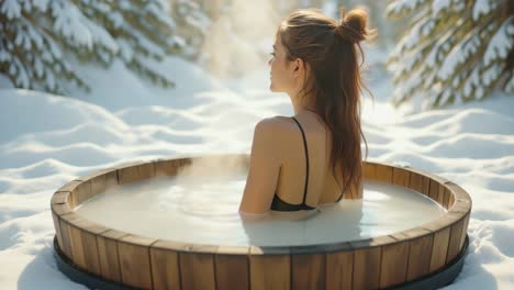 woman with long hair is enjoying a warm soak in a wooden hot tub, surrounded by a tranquil winter landscape, with snow-covered trees and steam rising from the water, creating a peaceful atmosphere