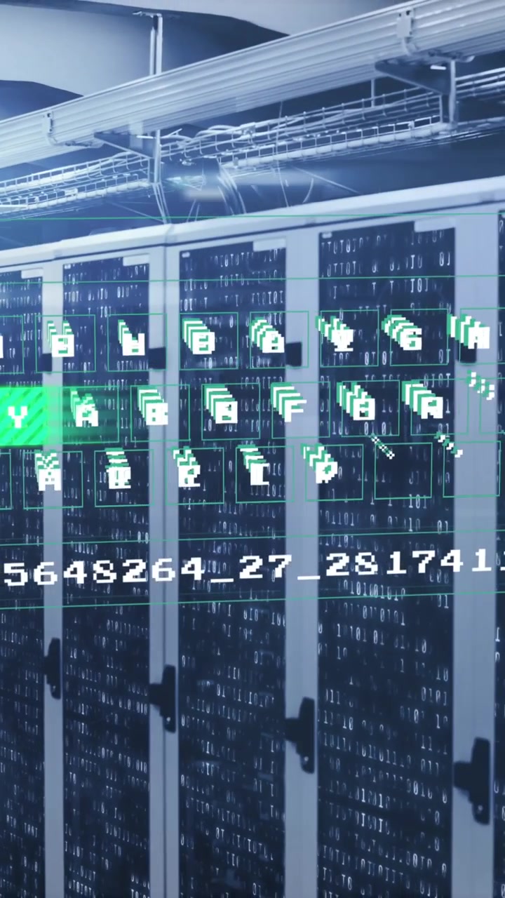 Animation of data processing against mosaic squares over computer server room