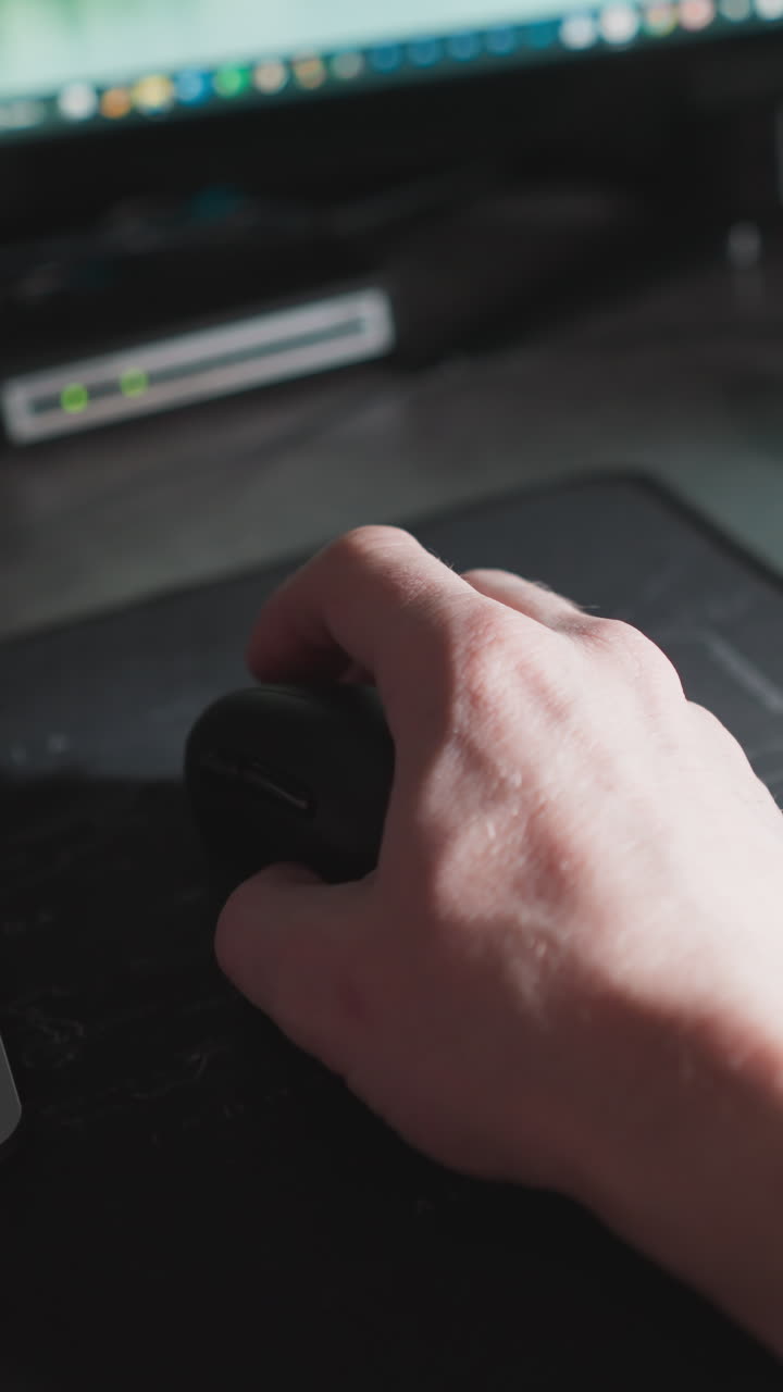 pov de una mano que utiliza un ratón en una estación de trabajo de computadora, con imágenes cambiantes en el monitor que reflejan el trabajo productivo