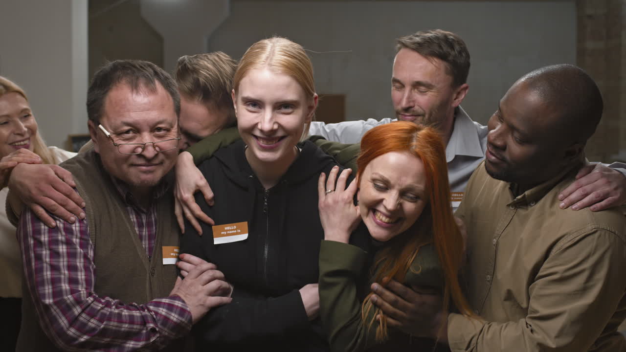 Group of People Hugging Young Woman at Support Meeting