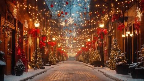 christmas street scene with snow and lights