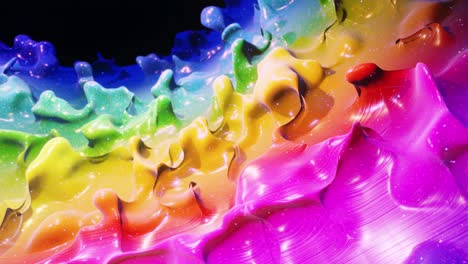 smooth abstract animation of liquid gradient rainbow color in 4k. bright glossy paint surface as abstract looped festive background. glitters on viscous liquid with 3d splashes on surface like drops.