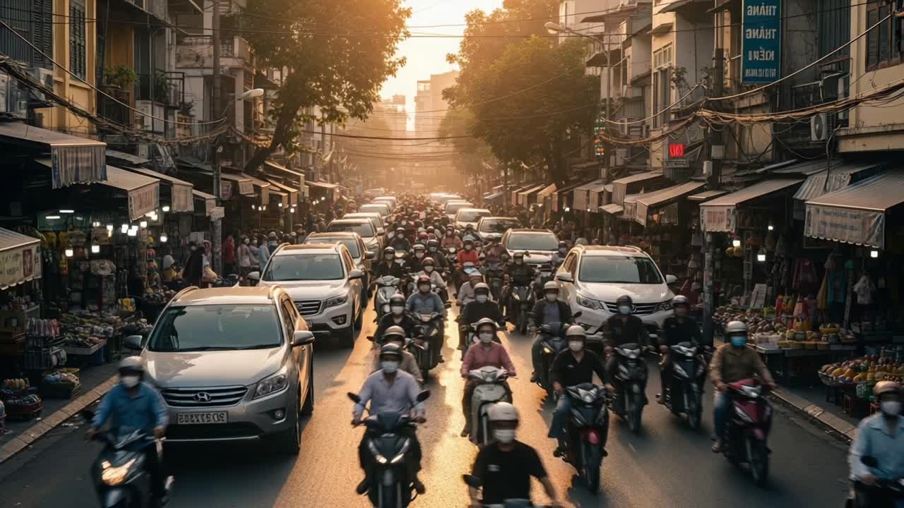 Bustling Urban Street at Sunset: A Vibrant Scene of Traffic and Pedestrians Amidst Shops and Market Stalls in a Crowded City Environment