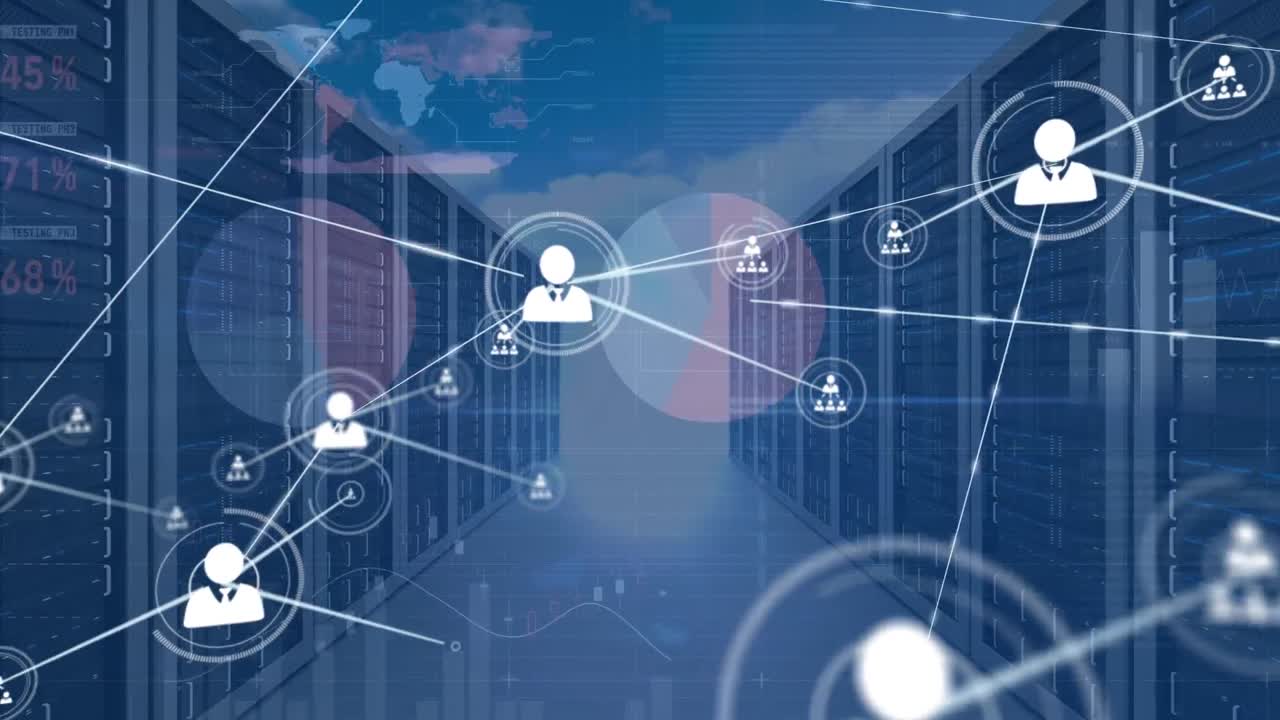 Animation of network of profile icons and data processing over server room against clouds in the sky
