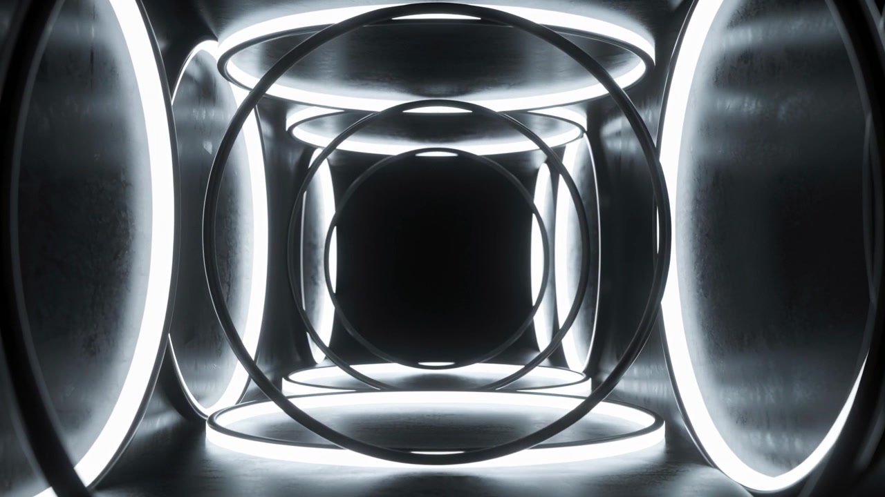 Frame starting camera advancing along axis in metal tunnel, with LED rings and nested squares