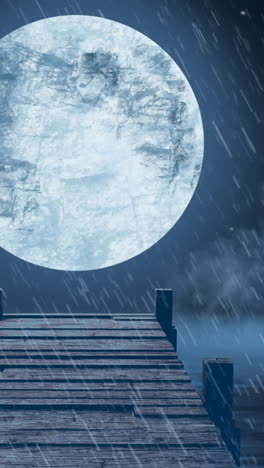 animation of wooden jetty over sea, rain and full moon on night sky in background