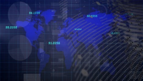 animatie van financiële grafieken en gegevens over wereldkaart op marine achtergrond