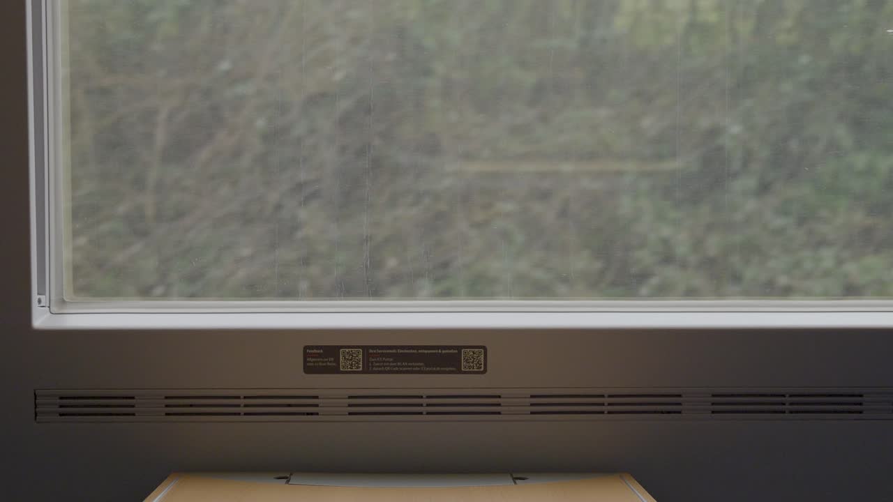 A clean view of a window in a German ICE high-speed train, capturing the natural scenery outside