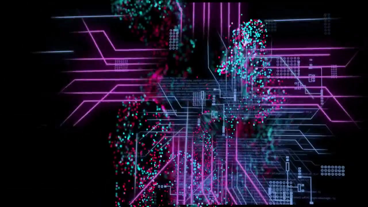 Vertical spine pulsing pink and cyan clouds joining from particle spark circuitry mapping data flow