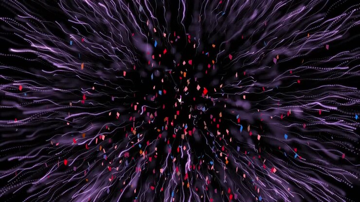 Colorful confetti falling over purple light trail exploding against black background