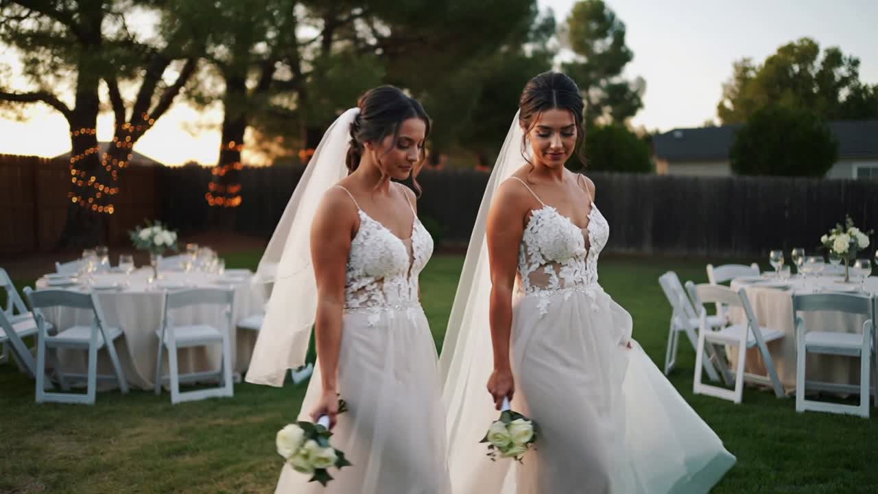 Mariées en robes de dentelle marchant à travers le jardin, tenant des bouquets, vers la réception pour rejoindre les invités.