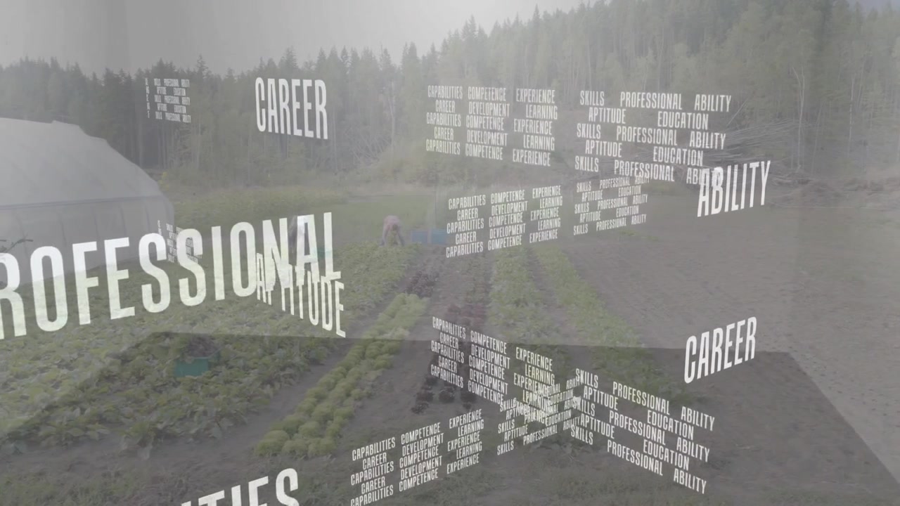 On rotating text cube appearing, farm workers planting and arranging seedlings for agriculture