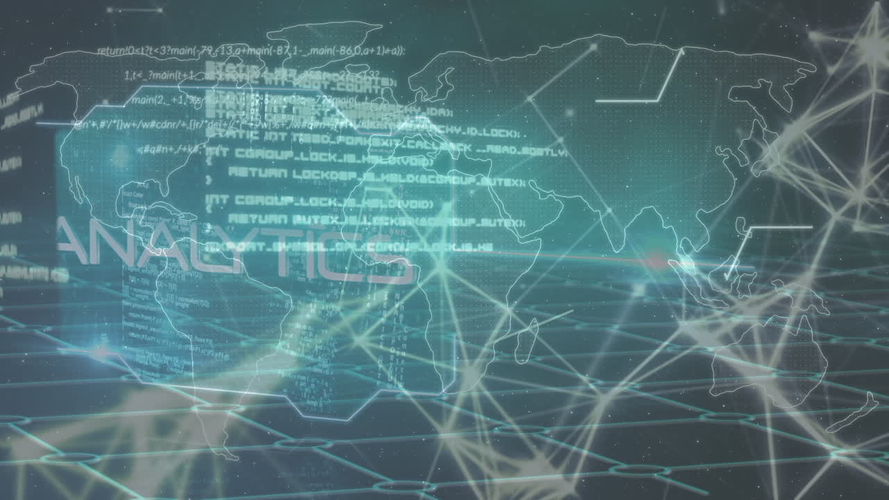 검은색 배경에 데이터 처리를 가진 연결 네트워크와 세계 지도의 애니메이션