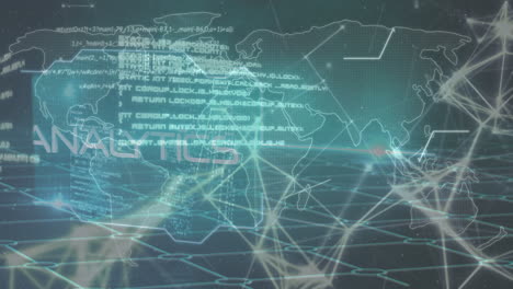 animation of network of connections and world map with data processing on black background