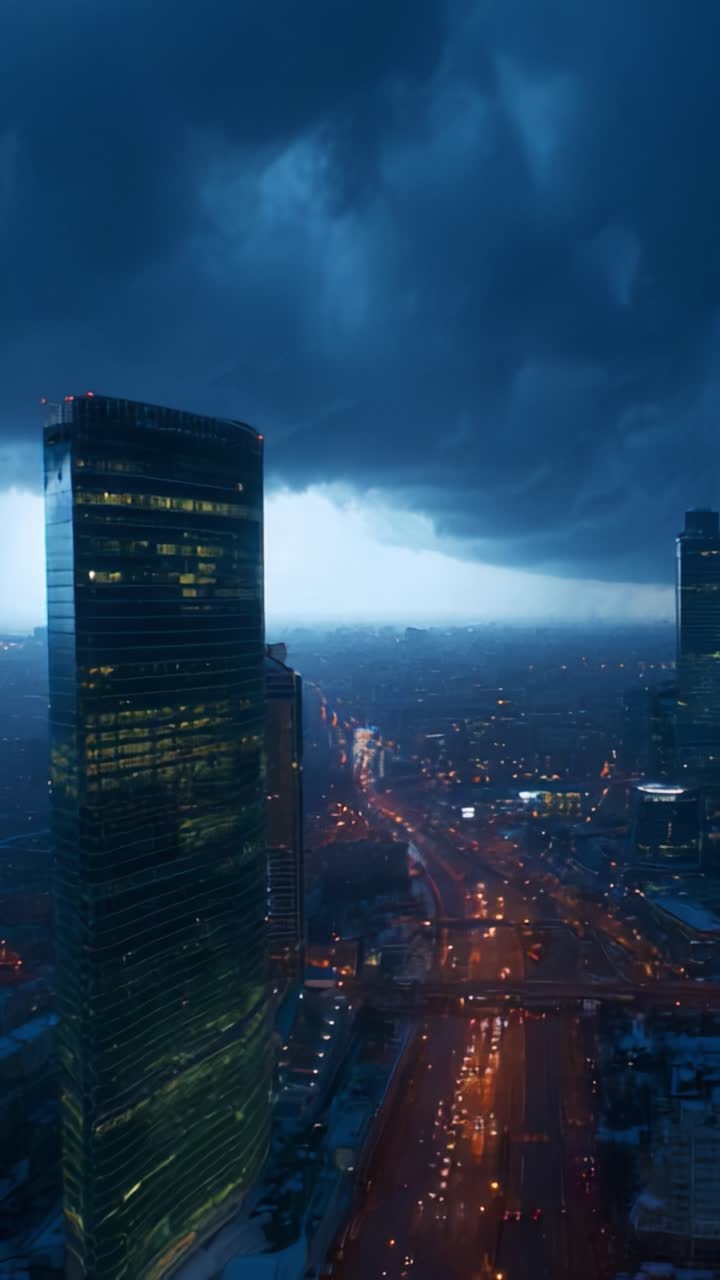 Un panorama urbano spettacolare ripreso sotto nuvole minacciose mentre la notte cala sulla città, con bagliori di luce che si riflettono sull'architettura moderna