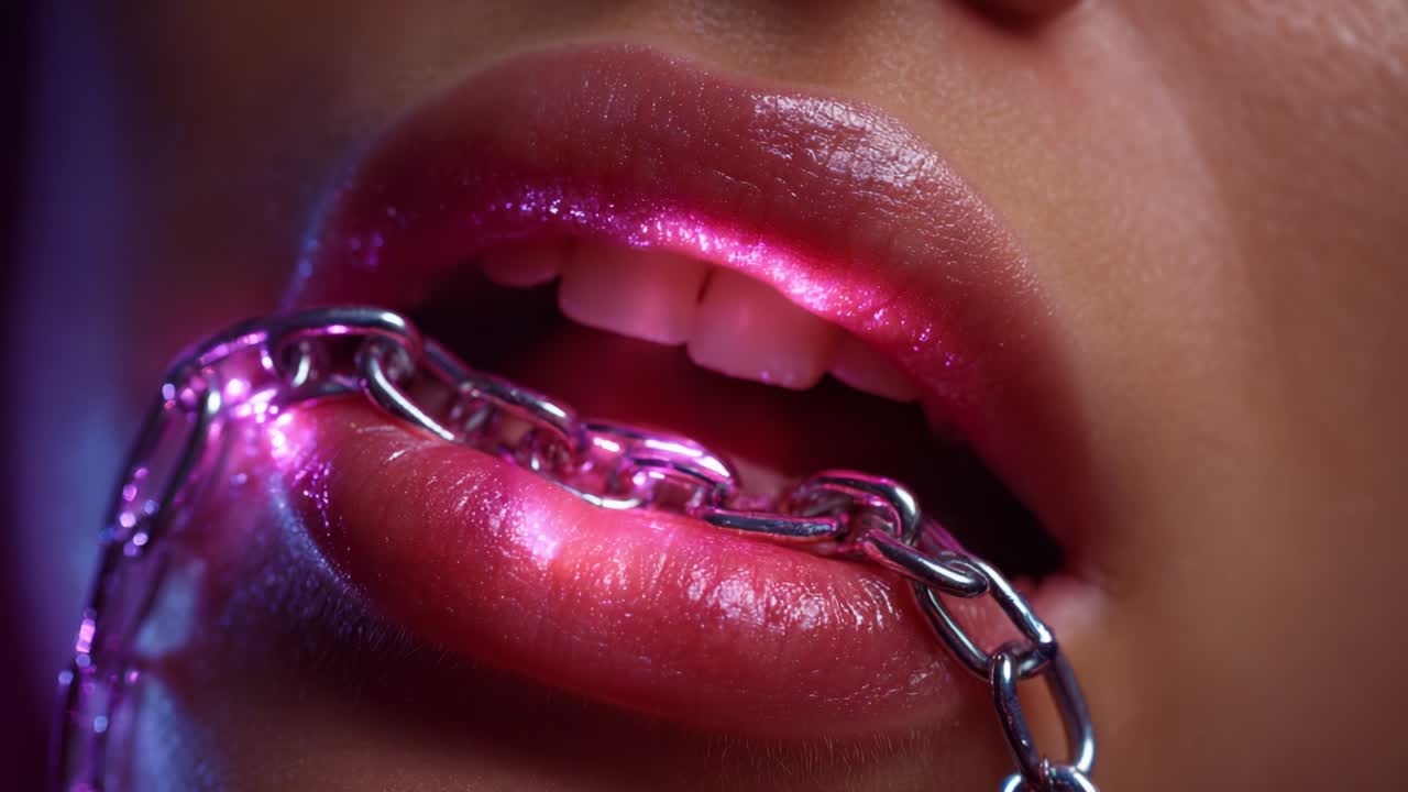 Close-up of Lips with Chain and Glitter