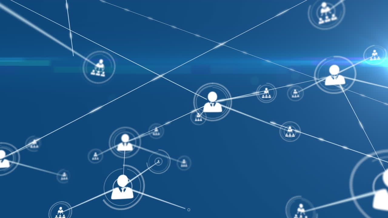 animación de la red de iconos de perfil y punto de luz contra un fondo azul