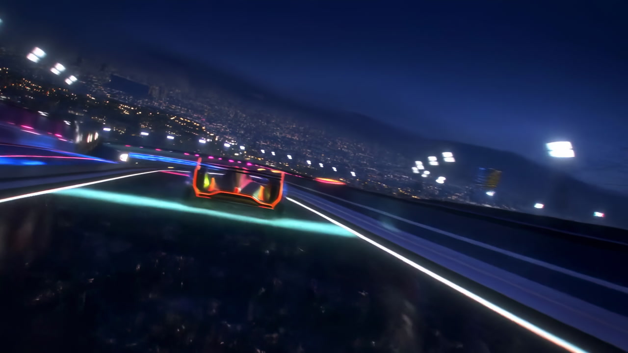 Neon Lit Speedway At Night Racing Hypercar Through Illuminated Tunnel, Blue And Magenta Light Trails, Sleek