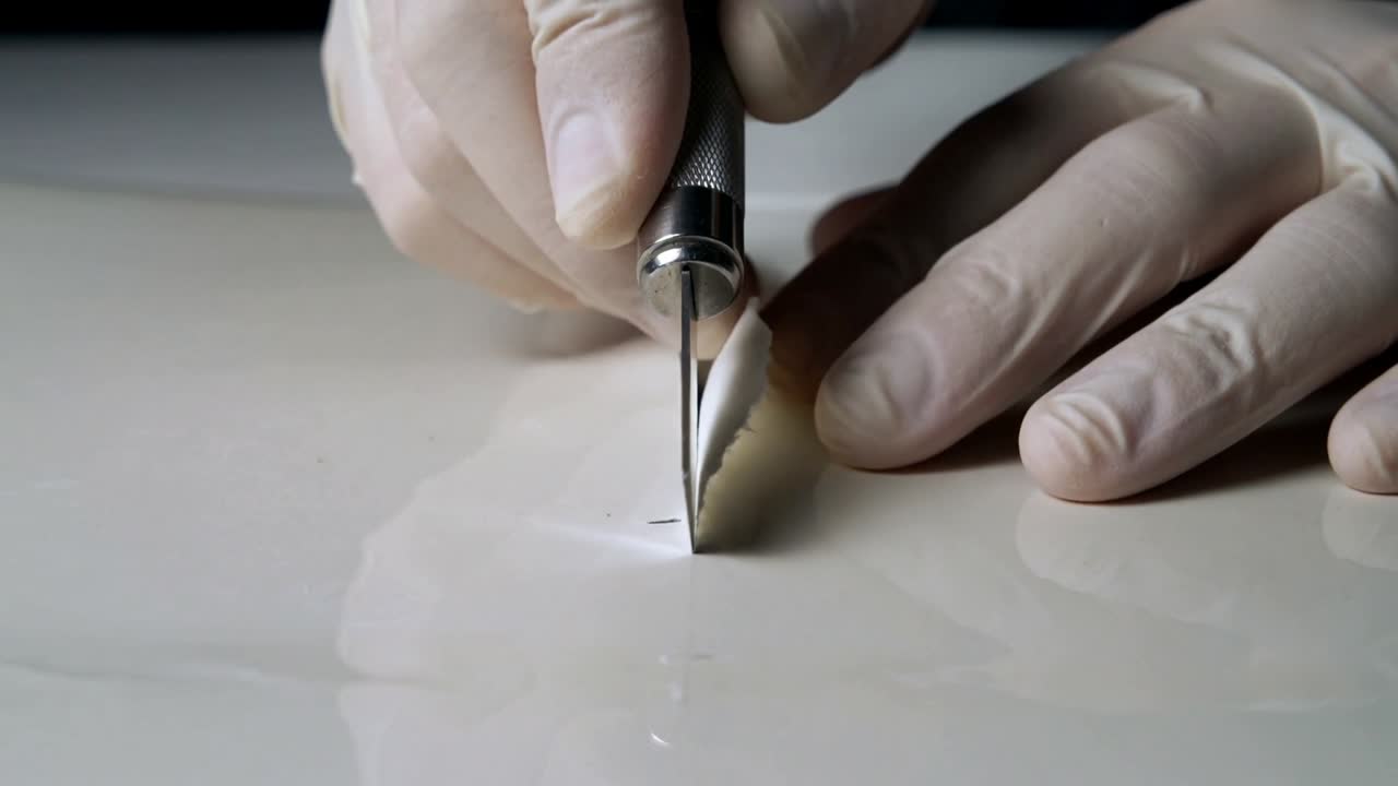 Praticando un foro, mani guantate che fanno scorrere un bisturi sotto una pellicola sottile su un pannello beige, rivelando la base.